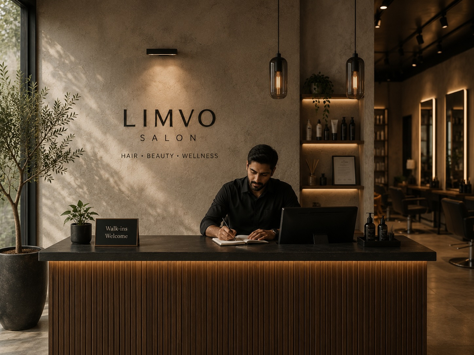 Salon front desk before Limvo — the manager writing bills by hand in a paper billing book